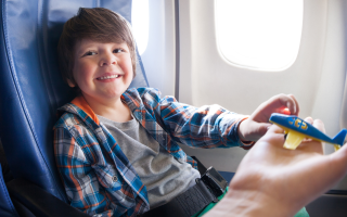Junge sitzt im Flugzeug