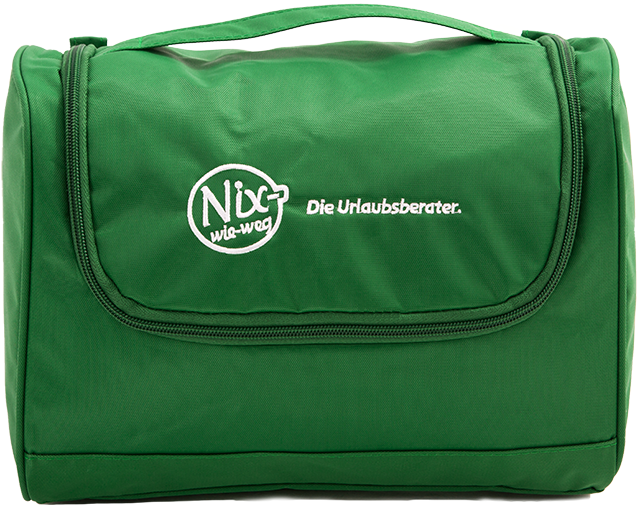 Grüner Kulturbeutel mit Nix-wie-weg Logo Stickerei