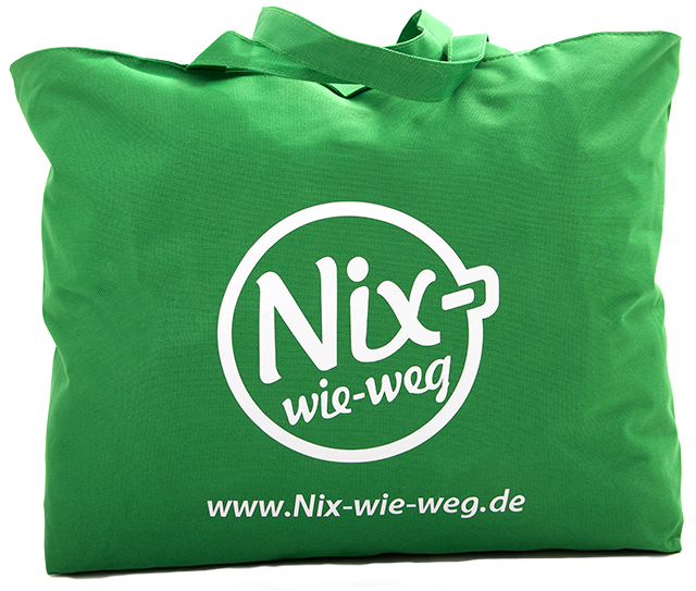 Grüne Strandtasche mit Nix-wie-weg Logo vorne drauf