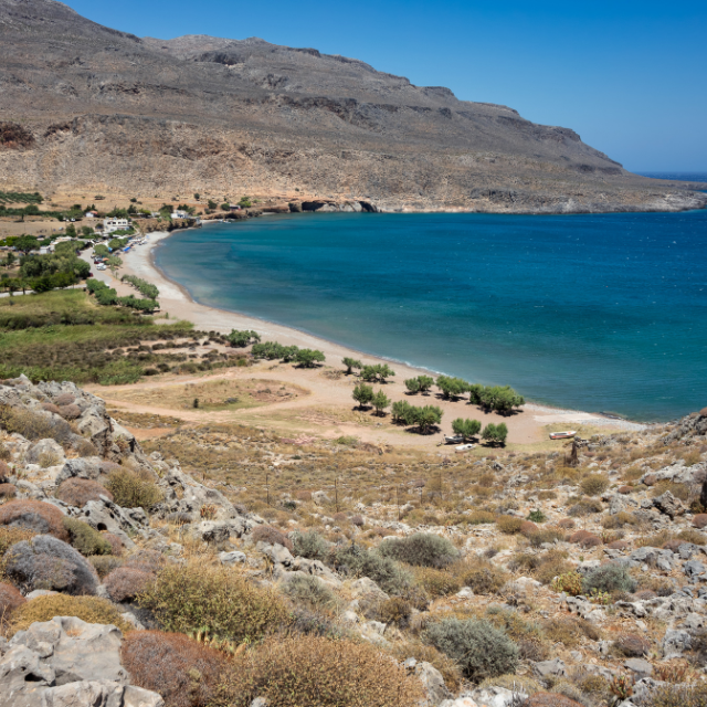 Blick auf hellen Strand in einer relativ trockenen Bucht mit kahlen Klippen