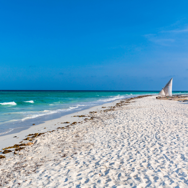 Heller Sandstrand und blaues Meer am Muyuni Beach