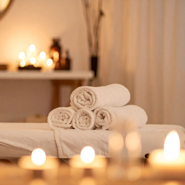 Wellnessliege mit aufgerollten Handtüchern. Im Vorder- und Hintergrund Teelichter