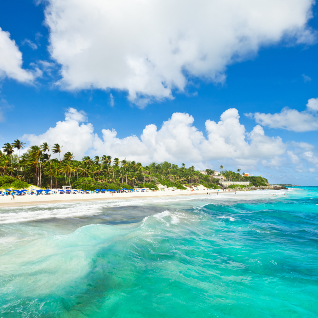 Blick vom Wasser auf den hellen Strand mit Wellengang im Vordergrund und Palmendschungel im Hintergrund