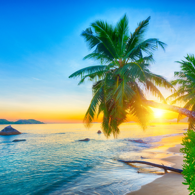 Strand auf den Seychellen mit Sonnenuntergang über dem Meer