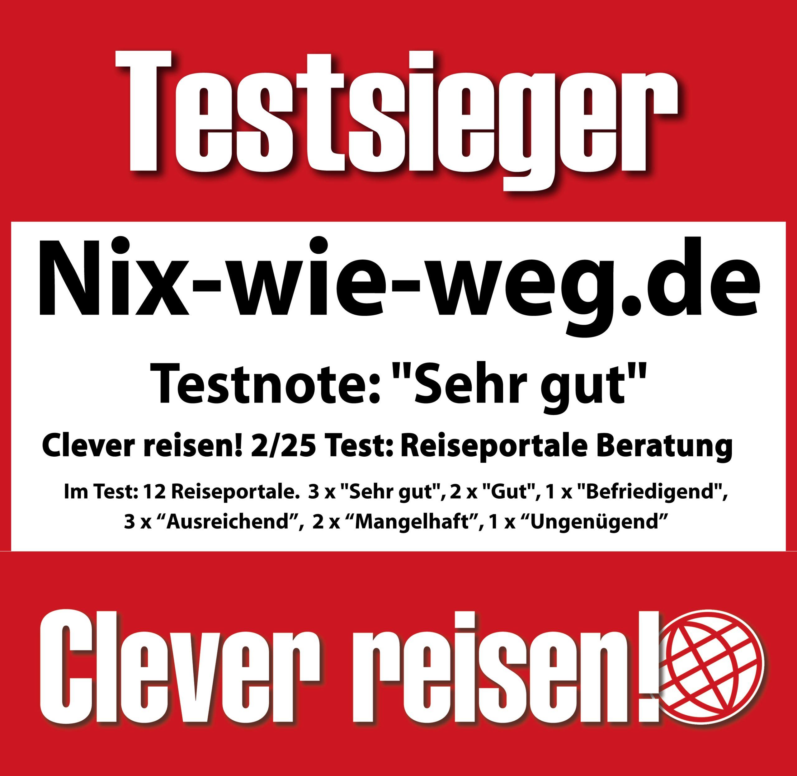 Testsieger Nix-wie-weg.de Testnote sehr gut für Reiseportale Beratung im Test 2/25 von Clever Reisen