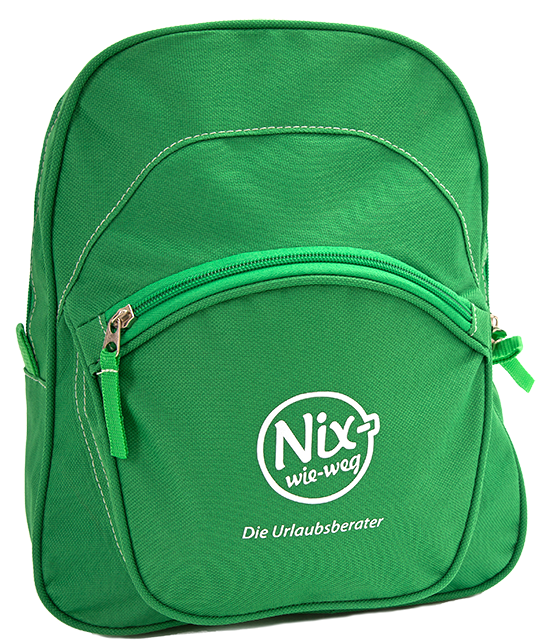 Grüner Kinderrucksack mit Nix-wie-weg Logo Aufdruck auf der Vordertasche
