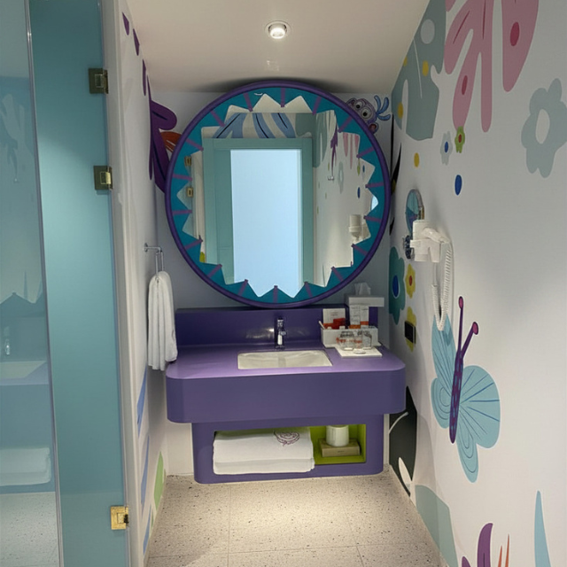 Badezimmer im Nickelodeon Hotels & Resorts mit bunten Pflanzen und Schmetterlingsmotiven an den Wänden