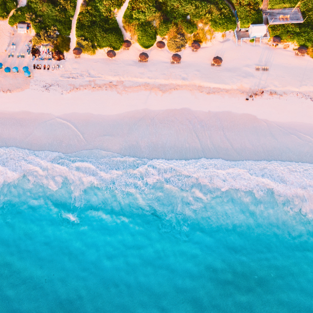 Luftaufnahme der Wasserlinie am Strand mit pinkem Sand und Plamen oben und türkisem Wasser unten