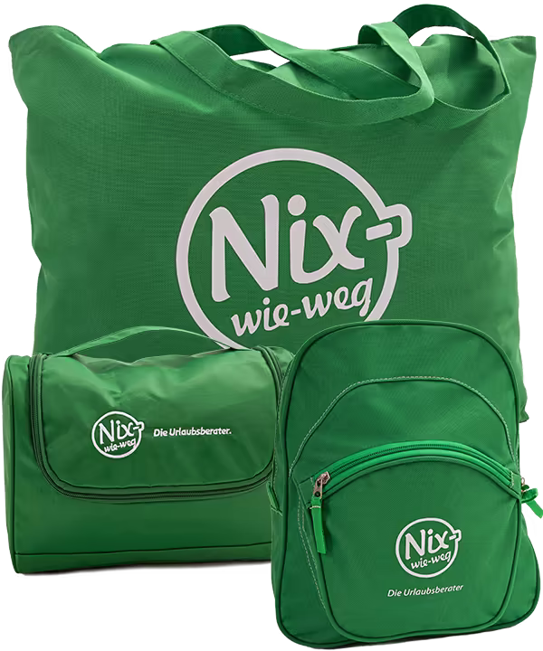Nix-wie-weg Kundenpräsente Beispiele: Strandtasche, Kulturbeutel, Kinderrucksack